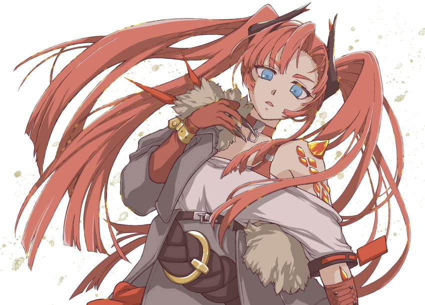 arknights belt blue_eyes bonjirix collar dragon_horns female fingernails fur-trimmed_jacket fur_trim highres horns jacket leaning_to_the_side long_hair material_growth oripathy_lesion_(arknights) red_hair sharp_fingernails toddifons_(arknights) twintails