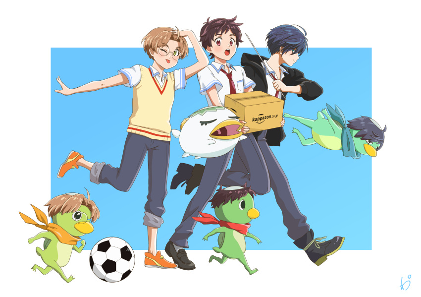 3boys :o ahoge alternate_form ball black_footwear black_jacket black_pants blue_hair box brown_hair glasses green_eyes highres holding holding_box hood hood_down jacket jinnai_enta kappa keppi kuji_toi light_brown_hair male_focus multiple_boys necktie orange_footwear pants parted_bangs pose red_eyes red_necktie sarazanmai shirt shoes short_sleeves simple_background sneakers soccer_ball sweater_vest tongue tongue_out ultrajony walking white_shirt yasaka_kazuki