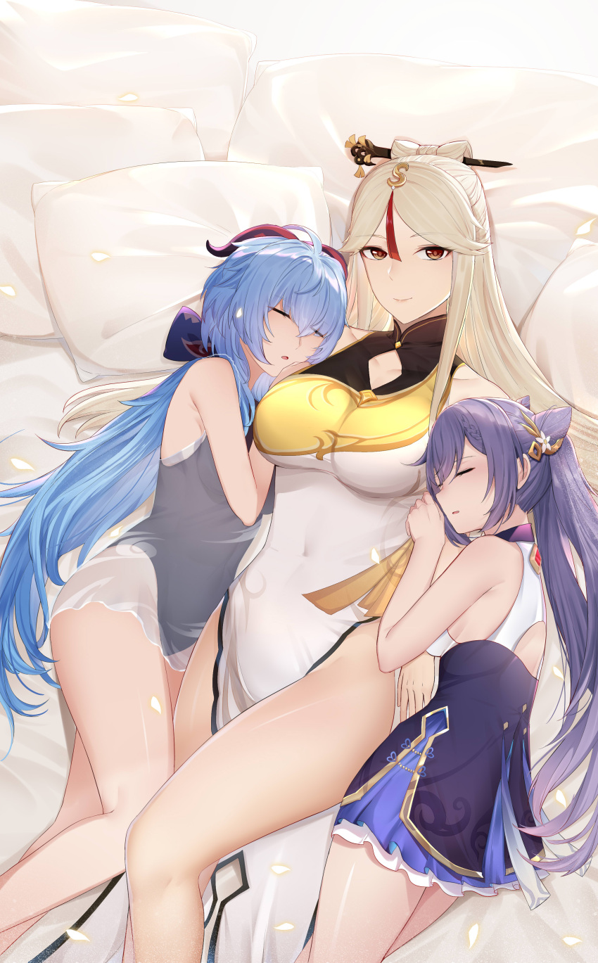 3girls 7t absurdres bare_legs bed_sheet blue_hair breasts chinese_clothes closed_eyes commentary_request cone_hair_bun covered_navel dress ganyu_(genshin_impact) genshin_impact girl_sandwich hair_bun highres holding_own_arm horns keqing_(genshin_impact) large_breasts legs leotard leotard_under_clothes looking_at_viewer low_ponytail lying multiple_girls nightgown ningguang_(genshin_impact) on_back on_bed open_mouth pillow purple_hair red_eyes sandwiched see-through sleeping smile twintails white_hair yuri