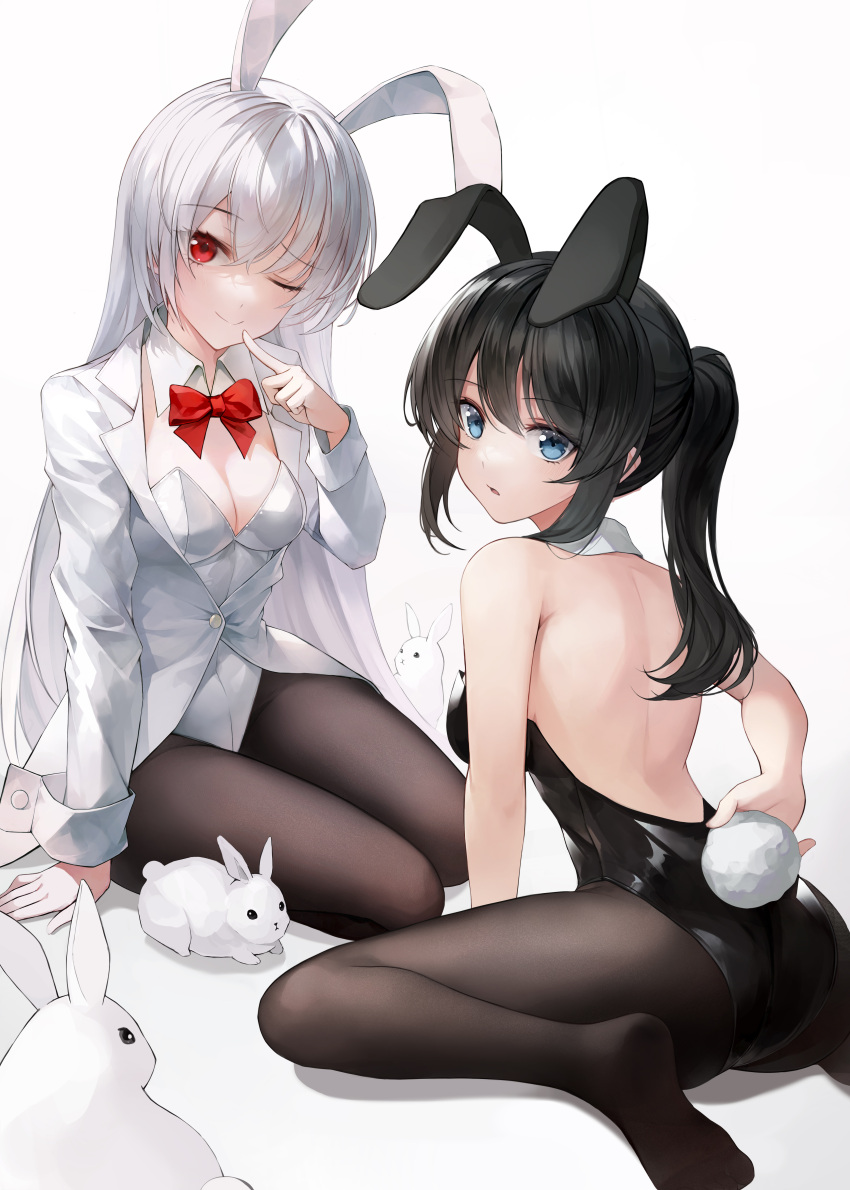 2girls absurdres animal_ears ass back backless_leotard bare_arms bare_shoulders black_hair black_leotard blue_eyes bow bowtie breasts brown_pantyhose buttons cleavage closed_mouth coat commentary crystalherb detached_collar fake_animal_ears fake_tail feet from_behind hand_on_floor highres holding_own_tail leotard long_hair long_sleeves looking_at_viewer medium_breasts multiple_girls no_shoes one_eye_closed open_mouth original pantyhose parted_lips playboy_bunny ponytail rabbit rabbit_ears rabbit_tail red_bow red_bowtie red_eyes revision shirt siblings sidelocks simple_background sitting smile straight_hair symbol-only_commentary tail tailcoat tailcoat_playboy_bunny twins wariza white_background white_coat white_hair white_leotard white_shirt