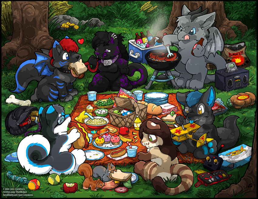 ambiguous_gender anthro anyare_(character) bedroom_eyes beverage black_hair blue_hair blue_pawpads blue_tongue bone breasts canid canine canis chibi coal cyberjoel domestic_dog dragon english_text felid female food green_eyes grey_body grey_hair grill group hair heart_symbol horn hot_dog husky hybrid jackalsota kangaroo larkstarr licking licking_lips macropod male mammal marsupial membrane_(anatomy) membranous_wings mythological_creature mythological_scalie mythology narrowed_eyes nordic_sled_dog nox_(jackalsota) nude o-kemono pantherine pawpads picnic piercing purple_tongue red_hair rodent sandwich_(food) scalie sciurid seductive shikoba_husky spirit_(spiritkitty) spitz surprise tail text tigon tongue tongue_out tongue_piercing tree_squirrel wings yellow_eyes