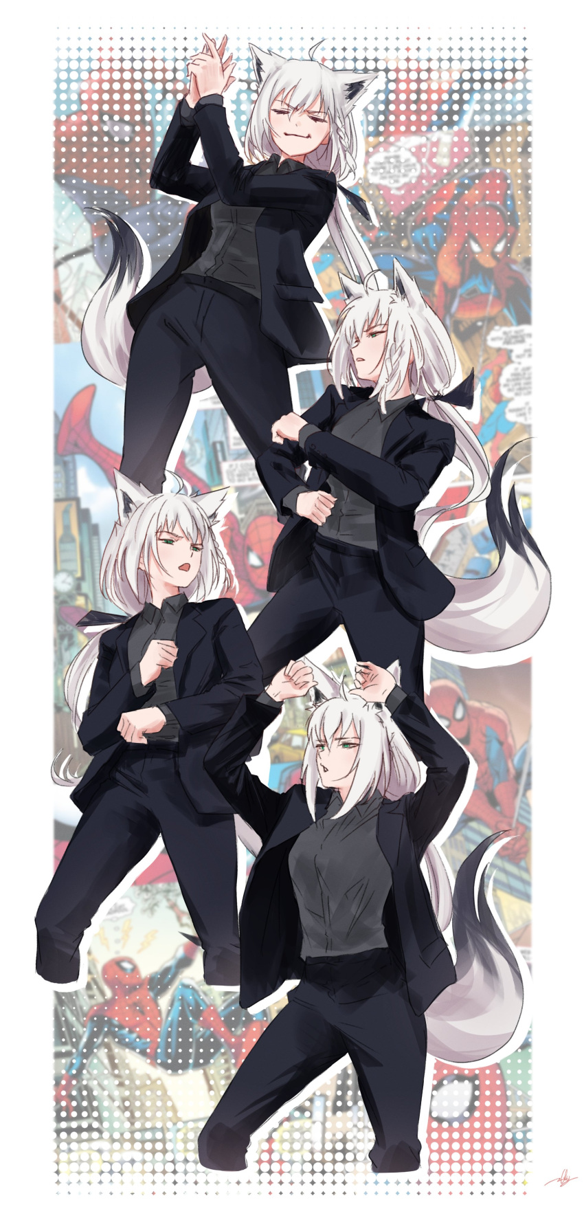 absurdres ahoge animal_ear_fluff animal_ears black_jacket black_pants breasts bully_maguire_(meme) collared_shirt cosplay cropped_legs dancing female fox_ears fox_girl fox_tail grey_hair grey_shirt highres hololive hyde_(tabakko) jacket long_hair marvel medium_breasts meme multiple_views own_hands_together pants peter_parker peter_parker_(cosplay) shirakami_fubuki shirt smile spider-man spider-man_(series) spider-man_3 tail v-shaped_eyebrows virtual_youtuber