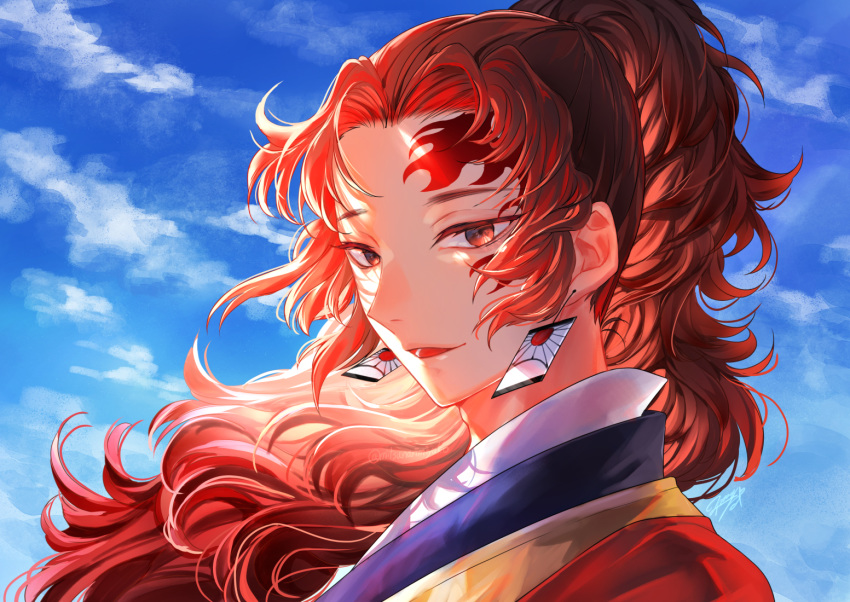 1boy black_hair blue_sky day earrings facial_mark floating_hair forehead_mark hair_intakes hanafuda japanese_clothes jewelry kimetsu_no_yaiba kimono long_hair looking_at_viewer male_focus mitsunari_miyako orange_eyes orange_hair parted_lips ponytail portrait red_eyes sky smile solo tsugikuni_yoriichi wind