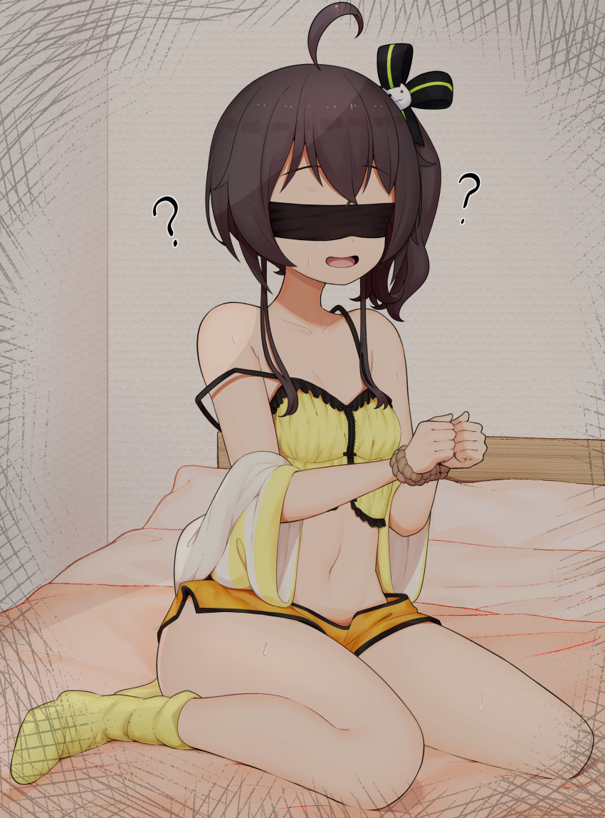 ? absurdres ahoge bed black_blindfold blindfold bound bound_arms bound_wrists brown_hair commentary_request covered_eyes dolphin_shorts female full_body hair_ribbon highres hololive lunch_boxer natsuiro_matsuri natsuiro_matsuri_(matsuri's_day_off) navel on_bed open_mouth orange_shorts ribbon shorts side_ponytail sidelocks smile socks solo strap_slip virtual_youtuber yellow_shorts yellow_socks