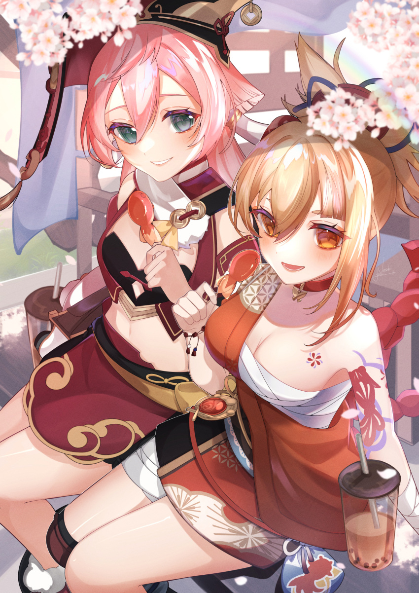 2girls :d animal_print antlers arm_support arm_tattoo bandaged_arm bandaged_leg bandages bare_shoulders bench black_bloomers black_bra black_thighhighs blonde_hair bloomers boots bra breasts bubble_tea candy cherry_blossoms chest_sarashi chest_tattoo choker cleavage commentary cowboy_shot crop_top cup day detached_sleeves disposable_cup drinking_straw eyeliner fish_print fish_tattoo flower_tattoo food genshin_impact green_eyes hadanugi_dousa hair_between_eyes hair_ornament hanami hand_up hat highres holding holding_food horns japanese_clothes kimono kinchaku kneehighs leg_armor long_hair looking_at_viewer lower_teeth_only makeup medium_breasts midriff multiple_girls natsuki_yoru navel obi open_mouth orange_eyes orange_kimono petals pink_hair ponytail pouch rainbow red_choker red_footwear red_headwear rope sarashi sash shadow shimenawa shoulder_tattoo sidelocks single_kneehigh single_sock sitting skirt small_breasts smile socks spring_(season) table tattoo teeth thighhighs underwear vision_(genshin_impact) wristband yanfei_(genshin_impact) yoimiya_(genshin_impact)