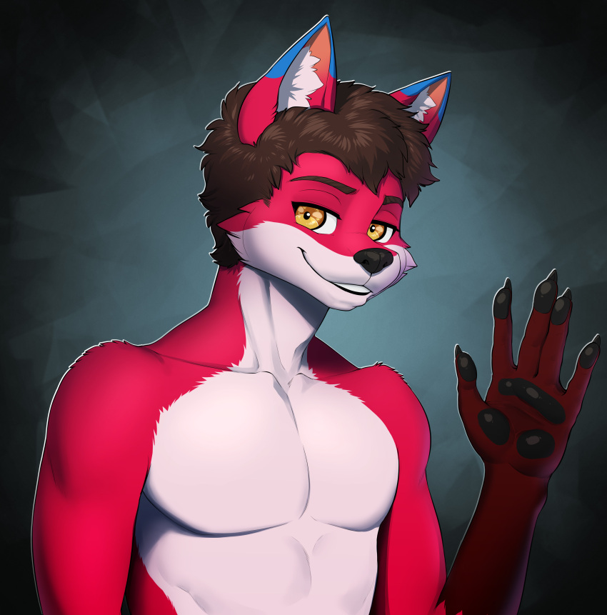 absurd_res blue_ears canid canine clothing countershading digital_media_(artwork) eldiman fox hi_res holly_(ortiz) male mammal paws red_body shirt smile solo topwear yellow_eyes