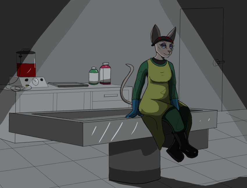 alternative_fashion anthro apron bertofdirt black_boots black_clothing black_footwear boots clothed clothing crossed_legs domestic_cat felid feline felis female footwear gloves goth hairless hairless_cat handwear hi_res malorie_(bertofdirt) mammal medical_gloves protective_gear rubber_boots sitting solo sphynx_(cat)