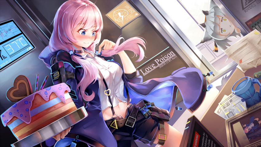 2girls :x arknights artist_name asc11 belt black_choker black_shorts blue_eyes blue_jacket blue_poison_(arknights) blue_poison_(elite_ii)_(arknights) blush cake choker cup desk dutch_angle food grey_hair heart highres holding holding_tray hood horns indoors jacket long_hair looking_at_viewer low_twintails midriff mug multiple_girls navel paper_stack pink_hair pouch ptilopsis_(arknights) shadow shirt shorts suspenders thigh_strap tray twintails under_the_table_(arknights) white_shirt window yellow_eyes