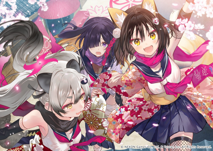 3girls :d animal_ears arm_up armpits bare_shoulders black_hair black_scarf blue_archive blue_sailor_collar blue_skirt blush breasts brown_hair cherry_blossoms cleavage commentary_request eyeshadow floral_print_kimono fox_hair_ornament gradient_hair grey_hair hadanugi_dousa hair_between_eyes hair_over_one_eye halo hanekoto izuna_(blue_archive) japanese_clothes kimono looking_at_another looking_at_viewer lop_rabbit_ears makeup michiru_(blue_archive) multicolored_hair multiple_girls neckerchief ninja ninjutsu_research_club_(blue_archive) oerba_yun_fang official_art one_side_up open_mouth pink_eyeshadow pink_halo pink_kimono pink_neckerchief pink_scarf purple_eyes rabbit_ears raccoon_ears raccoon_girl raccoon_hair_ornament raccoon_tail sailor_collar scarf shirt short_hair skin_fang skirt sleeveless sleeveless_shirt smile tail tsukuyo_(blue_archive) twintails upper_body white_shirt yellow_eyes