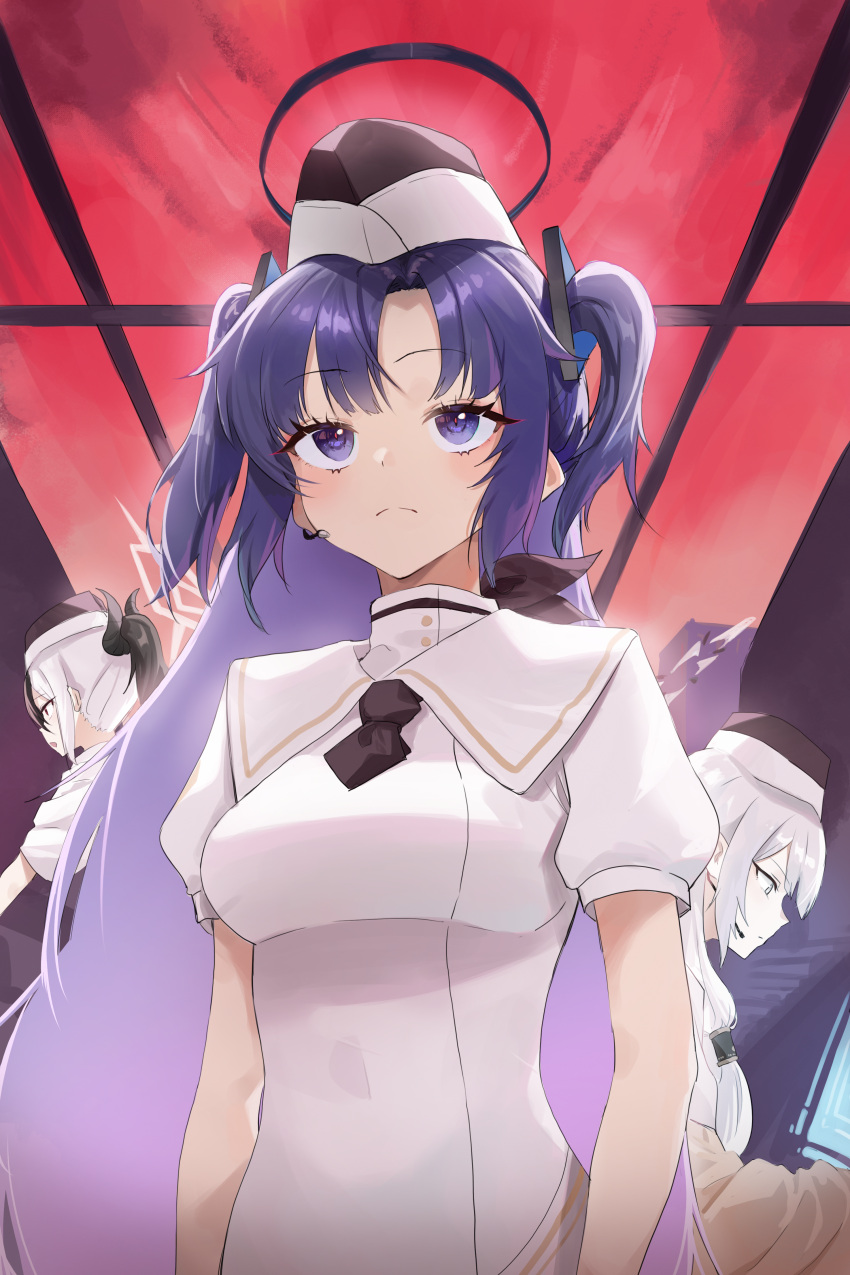 3girls absurdres black_hair black_horns blue_archive blush breasts closed_mouth demon_horns dress garrison_cap grey_hair grey_halo hair_tubes halo hat highres himari_(blue_archive) horns kayoko_(blue_archive) long_hair mechanical_halo medium_breasts multicolored_hair multiple_girls nonoa ponytail puffy_short_sleeves puffy_sleeves purple_eyes purple_hair short_sleeves sidelocks two_side_up utnapishtim_operator_uniform_(blue_archive) white_dress white_hair yuuka_(blue_archive)