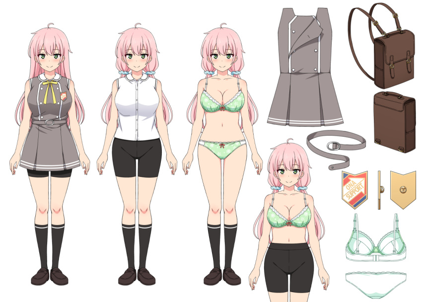 backpack bag bike_shorts bike_shorts_under_skirt black_footwear black_shorts black_socks blue_eyes blue_scrunchie boku_to_kanojo_no_onani_life bow bow_bra bow_panties bra breasts cleavage closed_mouth collared_shirt commentary_request crotch_seam emblem female green_bra green_panties grey_shirt grey_skirt hair_ornament hair_scrunchie kneehighs lace-trimmed_bra lace-trimmed_panties lace_trim loafers long_hair looking_at_viewer low_twintails medium_breasts miniskirt nakamura_sumikage navel neck_ribbon no_shirt panties pink_hair pleated_skirt print_bra print_panties reference_sheet ribbon school_uniform scrunchie second-party_source shirt shoes shorts skirt sleeveless sleeveless_shirt smile socks standing tomomi_(boku_to_kanojo_no_onani_life) twintails underwear underwear_only white_shirt yellow_ribbon yumehiko