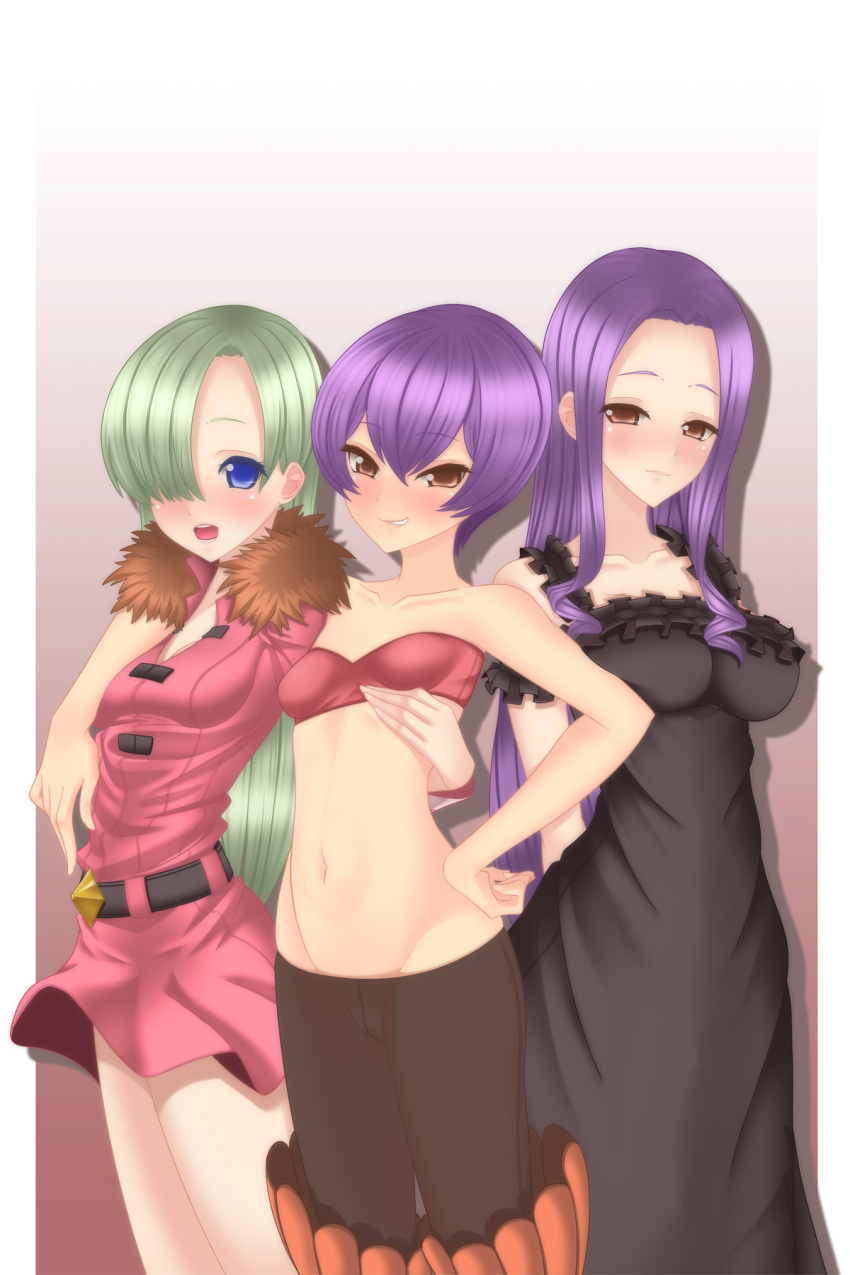 3girls black_dress blue_eyes brown_eyes dress elizabeth_liones hair_over_one_eye highres margaret_liones multiple_girls nanatsu_no_taizai non-web_source purple_hair siblings sisters tagme veronica_liones