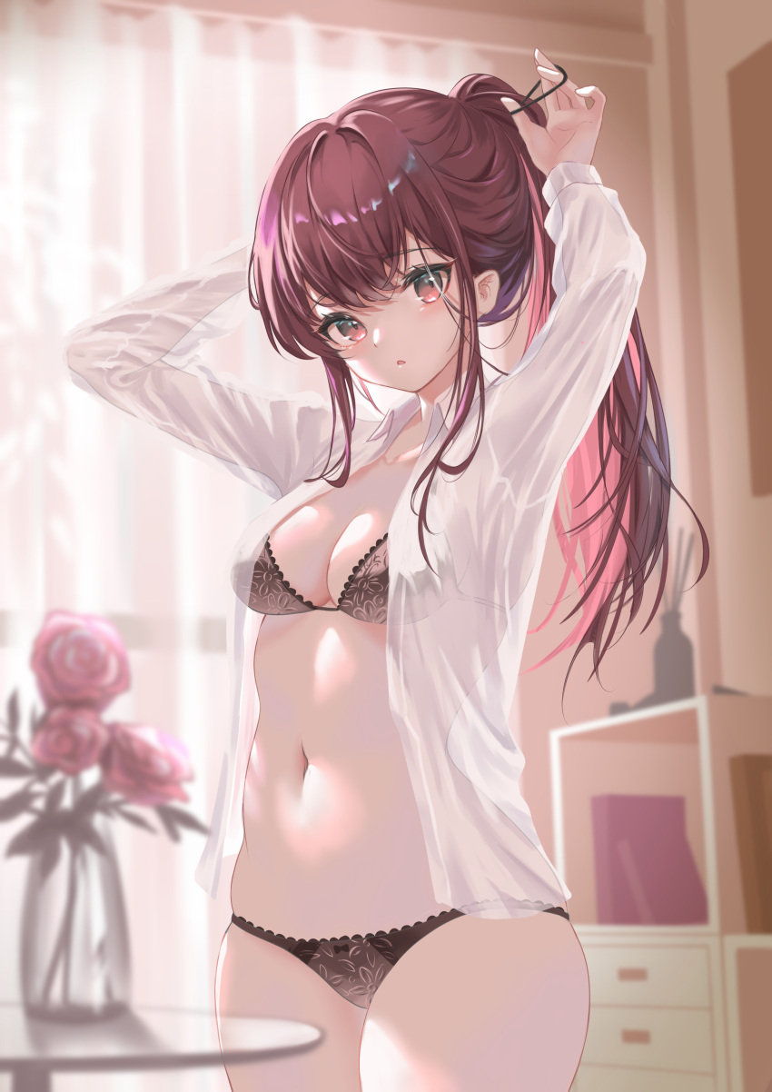 absurdres arms_up black_bra black_panties blurry blurry_background bra breasts brown_eyes brown_hair curtains dressing female flower genjitsu_pirika hair_tie highres indoors long_hair long_sleeves looking_at_viewer medium_breasts navel open_clothes open_mouth open_shirt original panties pink_flower pink_rose ponytail rose see-through see-through_shirt shirt sidelighting stomach thighs tying_hair underwear vase window