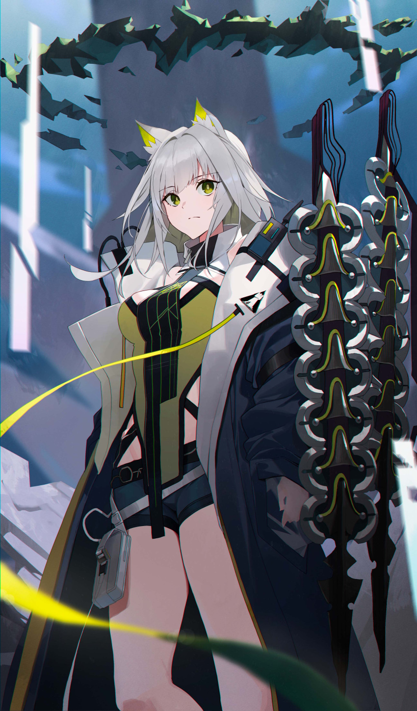 absurdres animal_ear_fluff animal_ears arknights bare_shoulders blue_coat blue_shorts breasts cat_ears cat_girl closed_mouth coat commentary feet_out_of_frame female green_eyes green_shirt grey_hair groin highres kal'tsit_(arknights) kal'tsit_(remnant)_(arknights) large_breasts long_sleeves official_alternate_costume open_clothes open_coat raitho rhodes_island_logo_(arknights) shirt short_hair short_shorts shorts solo