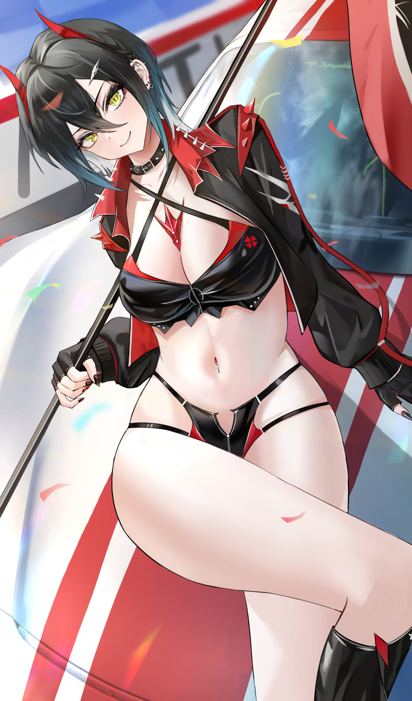 absurdres azur_lane black_choker black_footwear black_hair black_jacket black_panties blush breasts car chinese_commentary choker cleavage closed_mouth commentary_request ear_piercing female flag hai_binggan highres holding holding_flag jacket kneehighs large_breasts long_sleeves looking_at_viewer midriff motor_vehicle navel navel_piercing official_alternate_costume open_clothes open_jacket outdoors panties piercing race_queen short_hair smile socks solo stomach thighs ulrich_von_hutten_(azur_lane) ulrich_von_hutten_(ignition_matrician)_(azur_lane) underwear yellow_eyes