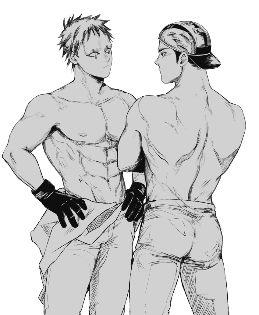 2boys abs absurdres aikawa_(dorohedoro) ass bara blank_stare clothes_down colored_tips dorohedoro eye_contact facial_mark florbetriz greyscale highres looking_at_another male_focus medium_sideburns monochrome multicolored_hair multiple_boys nipples no_eyebrows pants risu_(dorohedoro) standing thick_eyebrows toned toned_male yaoi