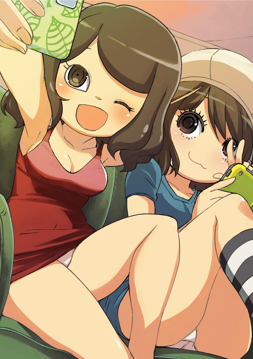 2girls absurdres animal_crossing blue_dress breasts brown_eyes brown_hair cellphone dress highres holding holding_phone medium_breasts multiple_girls muramasa_mikado murana_(muramasa_mikado) one_eye_closed open_mouth panties phone red_dress selfie smartphone taking_picture underwear villager_(animal_crossing)