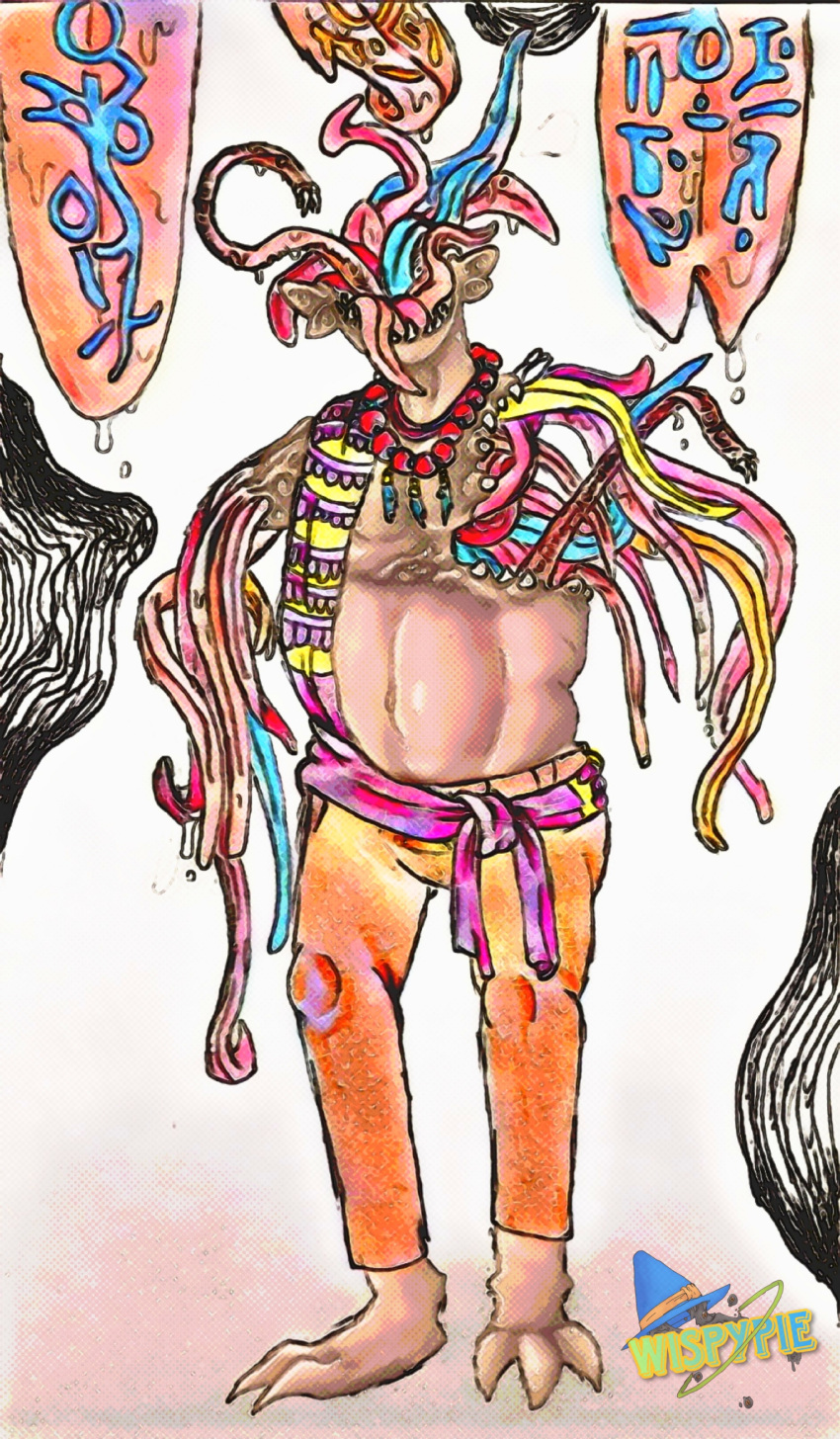 absurd_res bodily_fluids bottomwear claws clothing deity eyeless hi_res humanoid jewelry magic male markings monster multi_ear multi_limb multi_tongue necklace pants photoshop saliva sash simple_background solo tan_body teeth third-party_edit toe_claws tongue tongue_out traditional_media_(artwork) wispypie