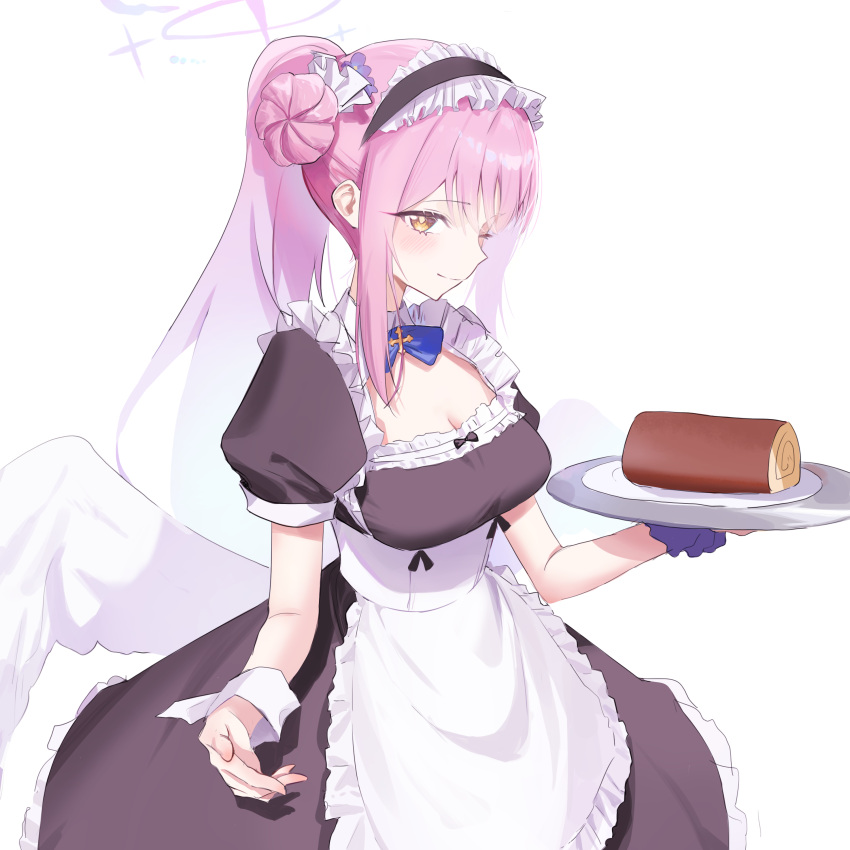 absurdres alternate_hairstyle black_dress blue_archive breasts cake cleavage closed_mouth commentary dress female food hair_bun highres holding holding_tray large_breasts long_hair mika_(blue_archive) nonoa pink_hair puffy_short_sleeves puffy_sleeves short_sleeves simple_background single_side_bun smile solo swiss_roll tray two_side_up white_background wrist_cuffs yellow_eyes