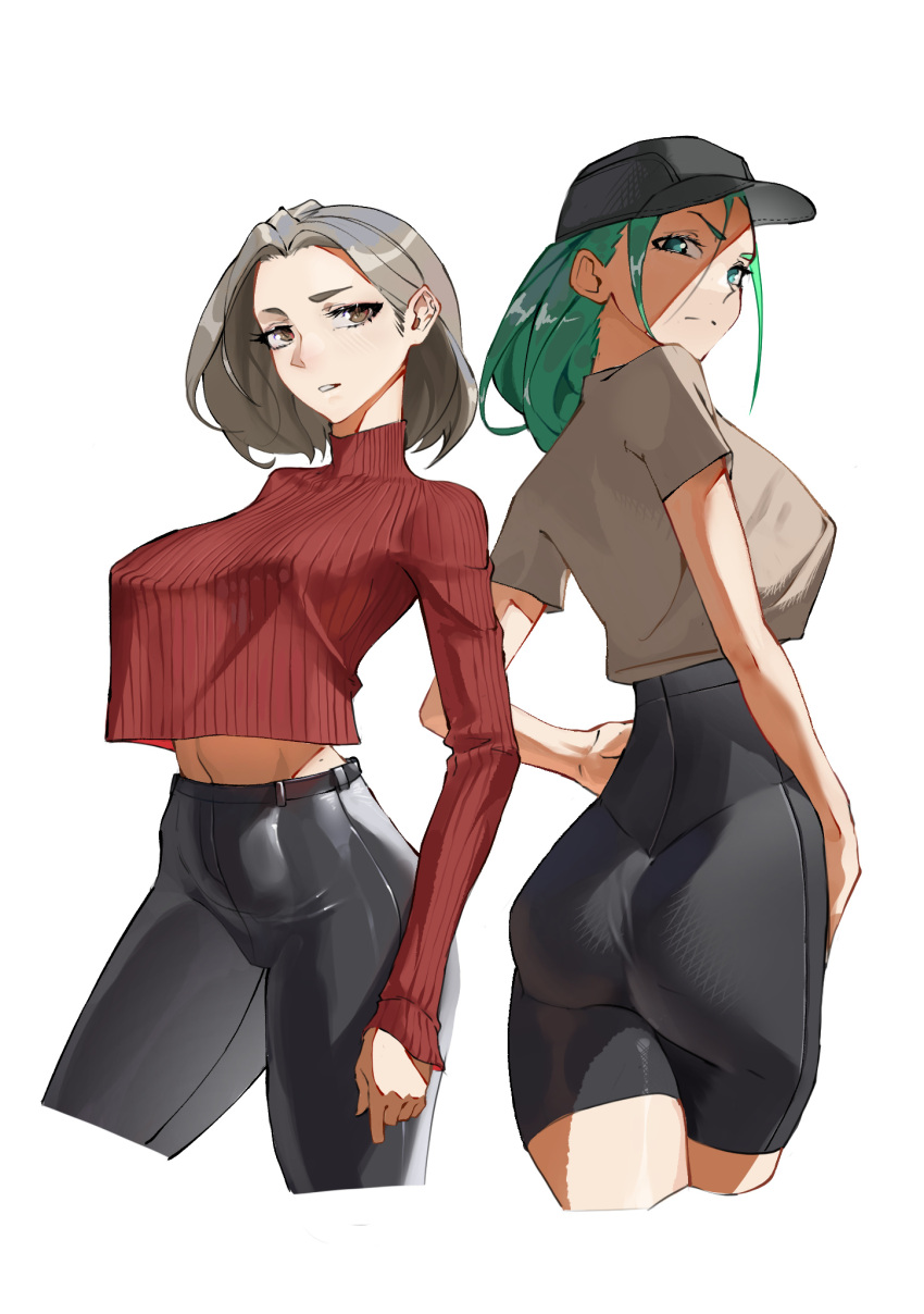 2girls ass bare_arms baseball_cap belt bike_shorts black_pants black_shorts breasts brown_eyes brown_hair crop_top crop_top_overhang cropped_legs crossed_legs green_eyes green_hair grey_hair groin hat highres huge_breasts large_breasts legs_apart light_blush long_hair long_sleeves looking_at_viewer looking_back medium_hair midriff multiple_girls original pants parted_lips pointy_breasts red_shirt ribbed_shirt shirt short_hair shorts simple_background sweater tbocart tight_clothes tight_pants twisted_torso unamused white_background