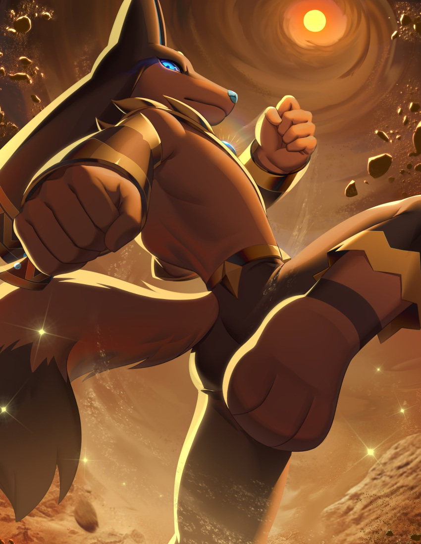 anthro anubis_(pal) ass back_muscles black_body black_fur blue_eyes brown_body brown_fur daimonkisora desert detailed_background fighting_pose fur hi_res kick looking_at_viewer male pal_(species) palworld pocketpair pose solo