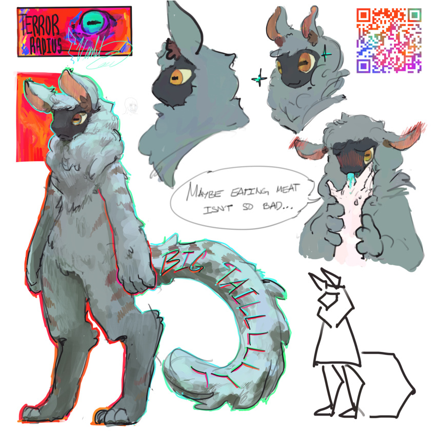 absurd_res alien ambiguous_gender anthro blush blush_lines finger_in_mouth finger_suck fluffy fluffy_tail fur grey_body grey_fur hi_res mammal model_sheet orange_eyes qr_code simple_background solo sucking tail the_nature_of_predators venlil_(the_nature_of_predators) waltzofthewillows white_background