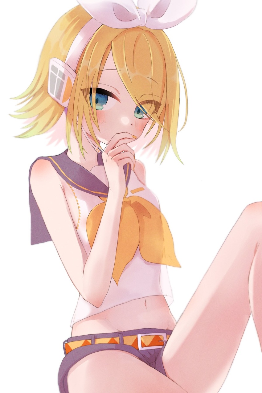 aqua_eyes backlighting bare_arms bare_legs bare_shoulders belt belt_buckle black_sailor_collar black_shorts blonde_hair blush bow breasts buckle covering_own_mouth embarrassed female hair_ornament hair_over_one_eye hairbow hairclip half-closed_eyes headphones highres kagamine_rin leg_up looking_at_viewer medium_hair midriff narrow_waist navel neckerchief nnc225 orange_belt sailor_collar see-through_silhouette short_shorts shorts sideways_glance simple_background sitting skinny small_breasts solo tsurime vocaloid white_background white_bow yellow_nails yellow_neckerchief