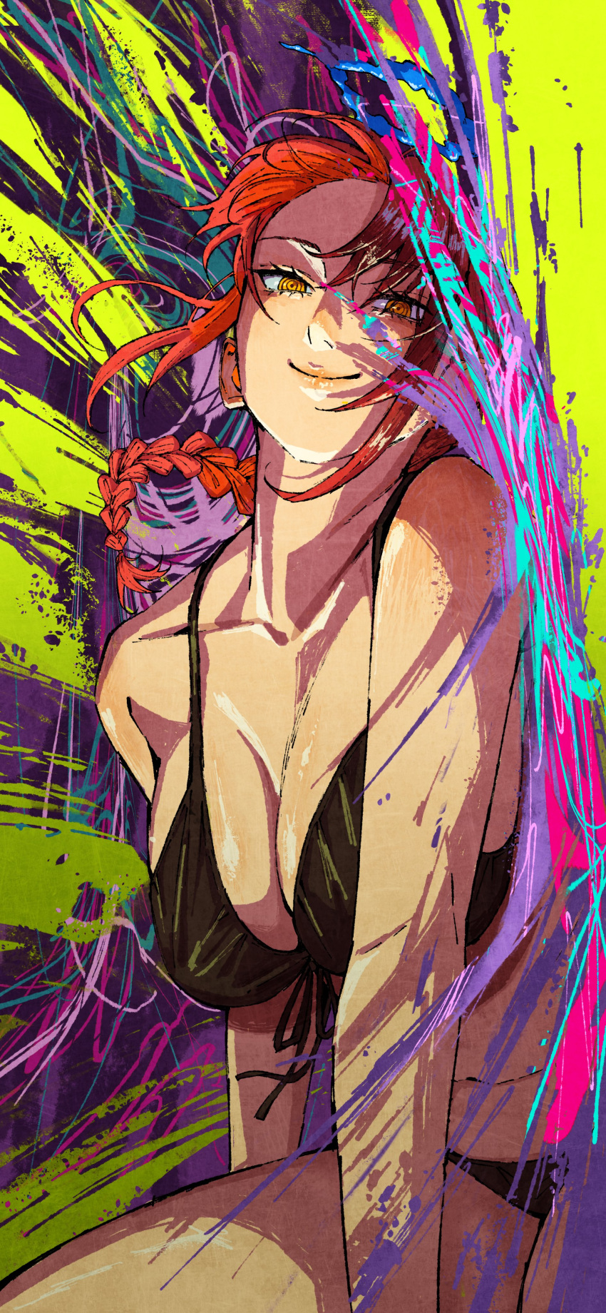 absurdres braid braided_ponytail breasts chainsaw_man collarbone erupusai2 female front-tie_top halo highres large_breasts makima_(chainsaw_man) navel red_hair ringed_eyes smile solo yellow_eyes