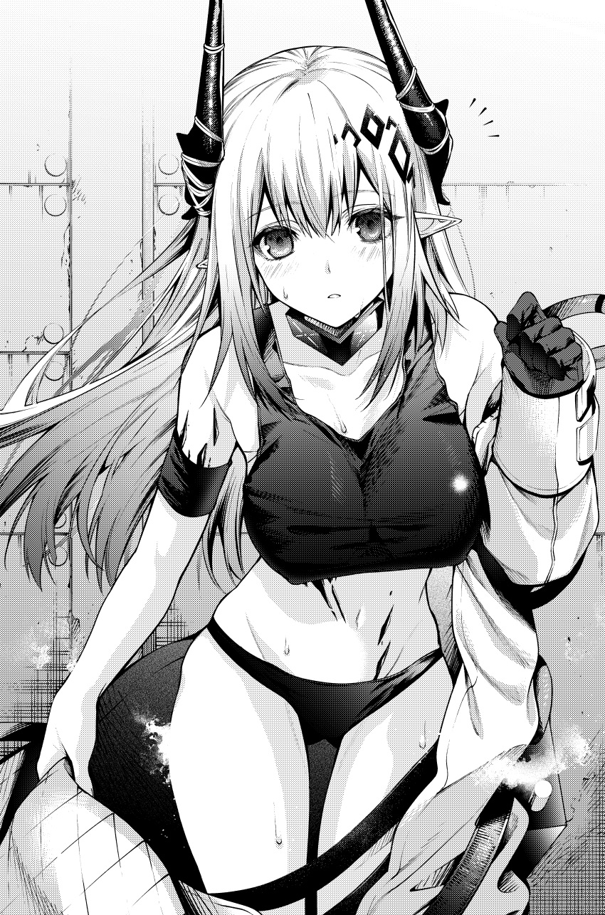 absurdres arknights armband armpit_crease bare_shoulders breasts collar cowboy_shot double-parted_bangs female greyscale hair_between_eyes hair_ornament highres horns infection_monitor_(arknights) jumpsuit large_breasts light_blush long_hair looking_at_viewer material_growth midriff monochrome mudrock_(arknights) mudrock_(elite_ii)_(arknights) navel oripathy_lesion_(arknights) panties parted_lips partially_undressed pointy_ears senju_yosiyuki skindentation solo sports_bra steaming_body sweat thighs underwear