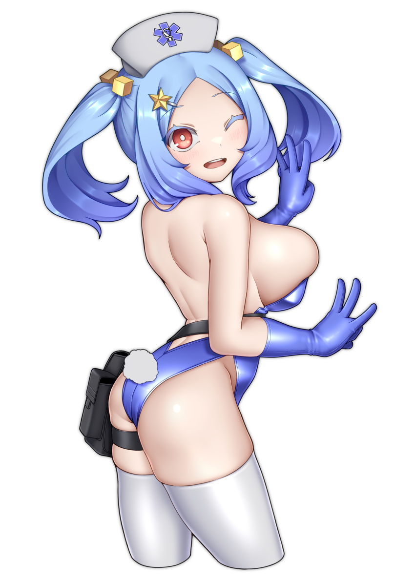 ;d absurdres blue_gloves blue_hair blue_leotard breasts colored_eyelashes cropped_legs cube_hair_ornament double_w elbow_gloves female from_side gloves grey_hat hair_ornament hairclip hat highres large_breasts leotard looking_at_viewer looking_to_the_side nurse_cap one_eye_closed original paravene rabbit_tail red_eyes rod_of_asclepius simple_background skindentation smile solo star_(symbol) star_hair_ornament tail thighhighs twintails w white_background white_thighhighs