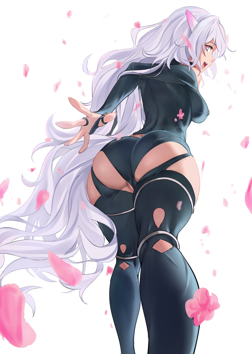 absurdres ahoge ass back black_leotard black_thighhighs breasts cameltoe covered_nipples das_(dan_dan) fate/grand_order fate/prototype fate_(series) female from_behind highres leotard long_hair long_sleeves looking_at_viewer looking_back medium_breasts merlin_(fate/prototype) open_mouth partially_visible_vulva petals pointy_ears purple_eyes smile solo thighhighs thighs tight_clothes very_long_hair white_hair