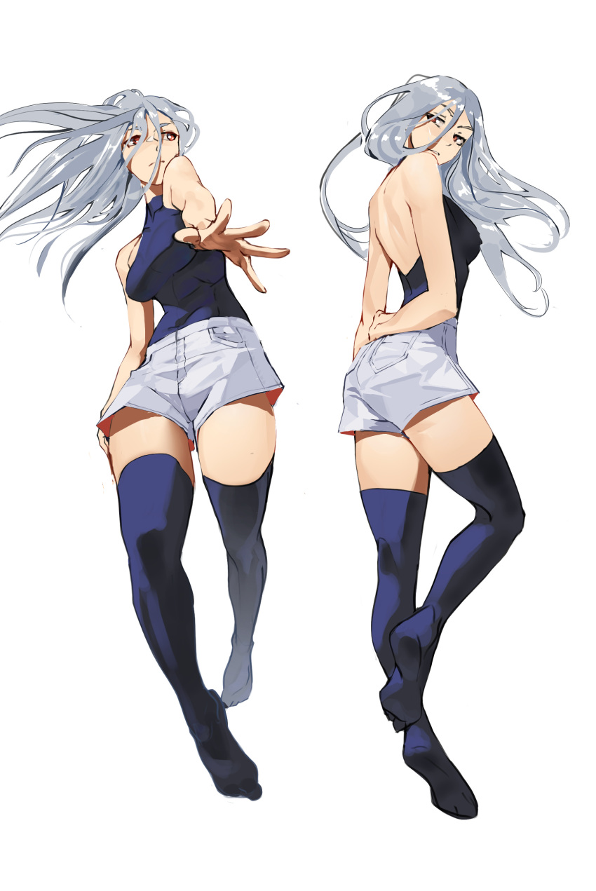 absurdres arms_behind_back back bare_shoulders blue_leotard blue_thighhighs breasts commentary english_commentary female floating_hair full_body grey_hair hair_between_eyes highres kneepits leotard leotard_under_clothes long_hair looking_at_viewer looking_back looking_to_the_side multiple_views original outstretched_arm parted_lips red_eyes shorts simple_background tbocart thighhighs upshorts white_background white_shorts zettai_ryouiki