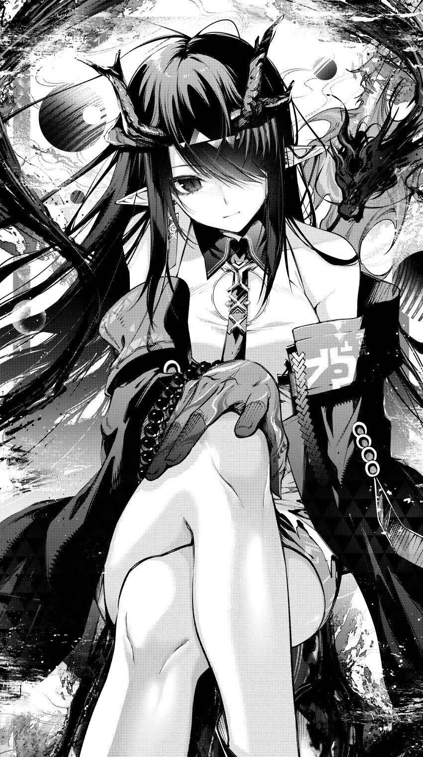 absurdres arknights bare_shoulders bead_necklace beads colored_skin crossed_arms dragon dragon_girl dragon_horns dress dusk_(arknights) earrings female greyscale hair_over_one_eye highres horns jewelry long_hair looking_at_viewer monochrome necklace necktie off_shoulder pointy_ears screentones senju_yosiyuki sidelocks sleeveless sleeveless_dress solo tassel tassel_earrings