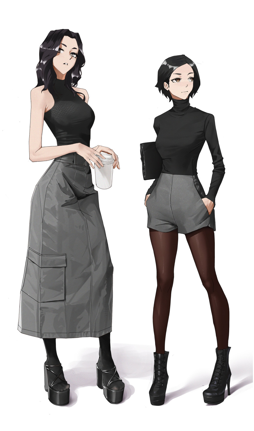 2girls absurdres bare_arms bare_shoulders black_footwear black_hair black_sweater boots breasts brown_eyes commentary cup disposable_cup english_commentary full_body grey_eyes grey_skirt hands_in_pockets head_tilt height_difference high-waist_shorts high_heels highres holding holding_cup long_hair long_skirt long_sleeves looking_at_viewer looking_to_the_side medium_breasts mole mole_under_eye multiple_girls original pantyhose parted_lips platform_footwear shirt short_hair shorts simple_background skirt skirt_pocket sleeveless sleeveless_turtleneck smile standing sweater tbocart turning_head turtleneck white_background