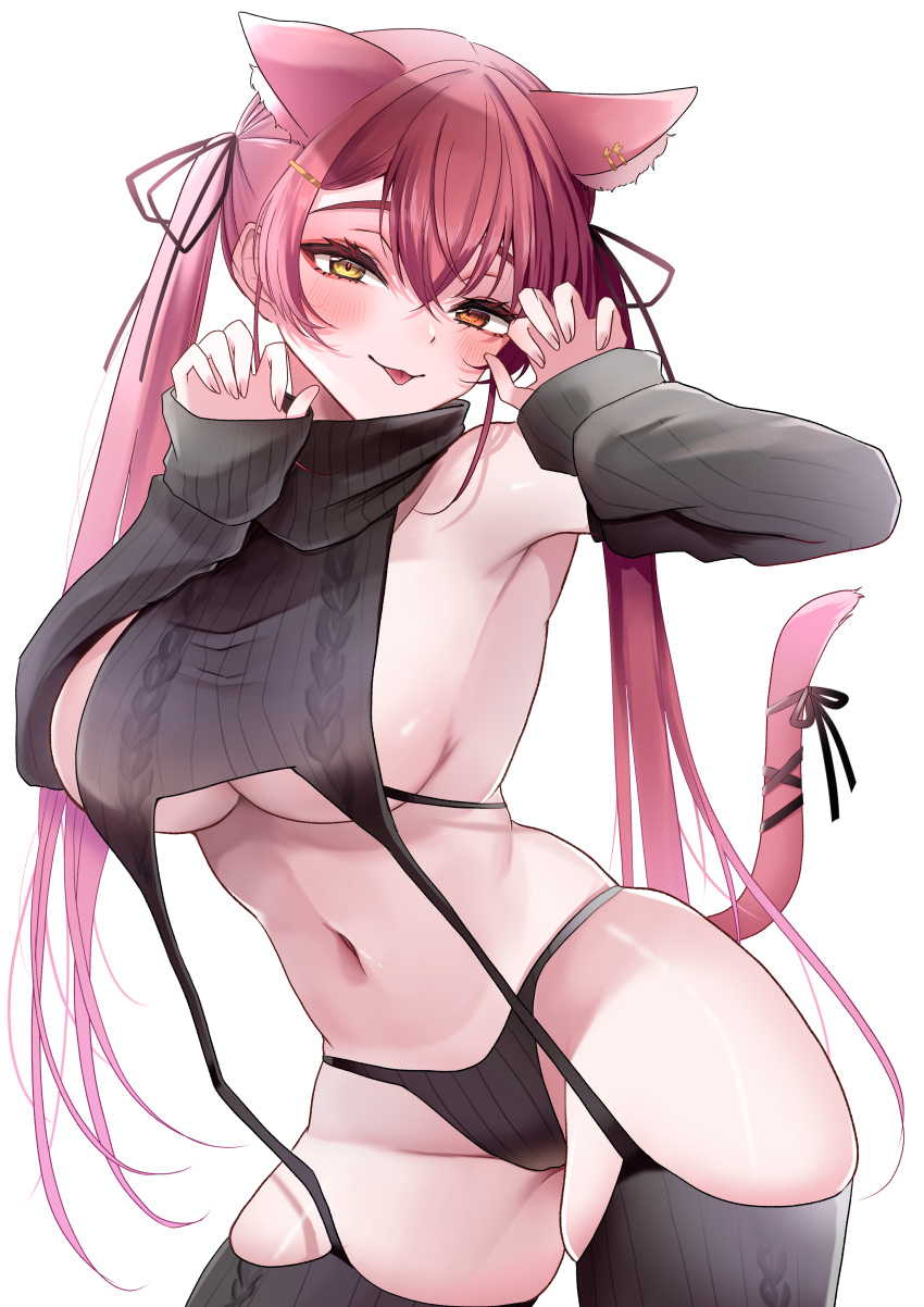 :p absurdres alternate_costume animal_ears black_garter_straps black_panties black_sleeves black_sweater black_thighhighs blush breasts cat_ears cat_tail closed_mouth commentary_request cropped_sweater detached_sleeves female garter_straps hair_between_eyes hair_ribbon hands_up heterochromia highres hinoki_kahun0 hololive houshou_marine large_breasts long_hair long_sleeves looking_at_viewer meme_attire navel panties red_eyes red_hair ribbed_panties ribbed_sleeves ribbed_sweater ribbed_thighhighs ribbon sideboob simple_background sleeveless sleeveless_sweater sleeveless_turtleneck sleeves_past_wrists smile solo stomach sweater tail tail_ornament tail_ribbon thighhighs tongue tongue_out turtleneck turtleneck_sweater twintails underboob underwear virgin_destroyer_sweater virtual_youtuber white_background yellow_eyes