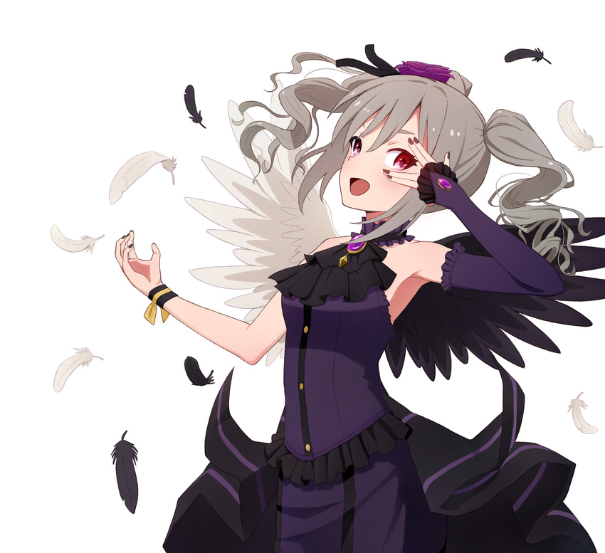 :d \\// armpits asymmetrical_wings black_dress black_feathers black_ribbon black_wings commentary_request detached_sleeves dress drill_hair feathered_wings feathers female flower grey_hair hair_between_eyes hair_flower hair_ornament hair_ribbon highres idolmaster idolmaster_cinderella_girls kanzaki_ranko long_hair nail_polish open_mouth purple_flower purple_nails red_eyes ribbon rosenburg_engel_(idolmaster) simple_background sleeveless sleeveless_dress smile solo standing twin_drills twintails white_background white_feathers white_wings wings wrist_cuffs yahiro_(epicopeiidae)