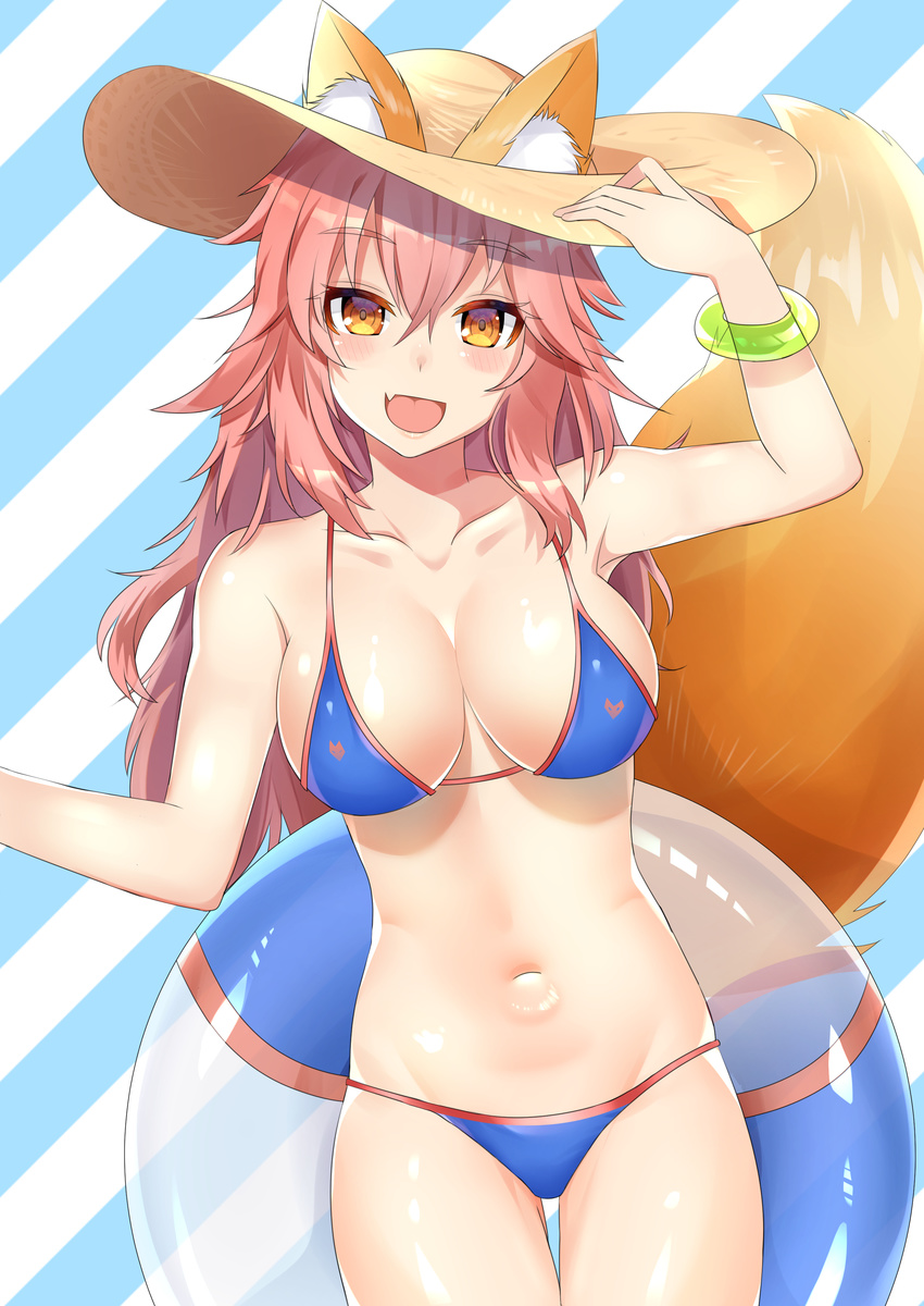 :d absurdres animal_ears arm_up atora bad_id bad_pixiv_id bikini blue_bikini blush bracelet breasts brown_eyes collarbone commentary_request cowboy_shot ears_through_headwear fate/grand_order fate_(series) female fox_ears fox_print fox_tail hair_between_eyes hand_up hat highres innertube jewelry large_breasts long_hair looking_at_viewer messy_hair navel oerba_yun_fang open_mouth pink_hair sidelocks smile solo striped striped_background sun_hat swim_ring swimsuit tail tamamo_(fate) tamamo_no_mae_(swimsuit_lancer)_(fate)