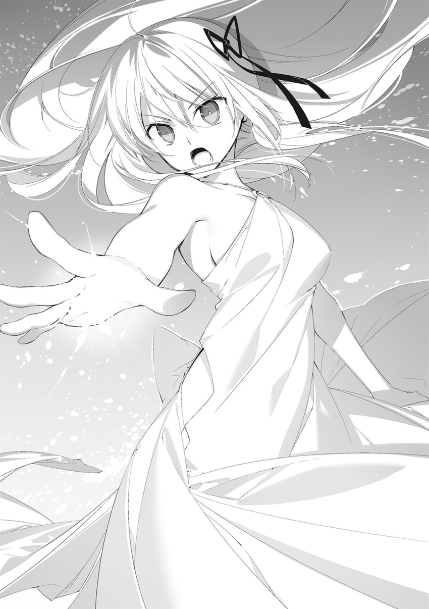 ahoge aliceliese_lou_nebulis_ix breasts collarbone cowboy_shot dress female floating_hair grey_background greyscale hair_between_eyes hair_ribbon halterneck highres kimi_to_boku_no_saigo_no_senjou_arui_wa_sekai_ga_hajimaru_seisen long_dress long_hair medium_breasts monochrome nekonabe_ao non-web_source novel_illustration official_art open_mouth outstretched_arm ribbon sideboob sleeveless sleeveless_dress solo standing v-shaped_eyebrows very_long_hair