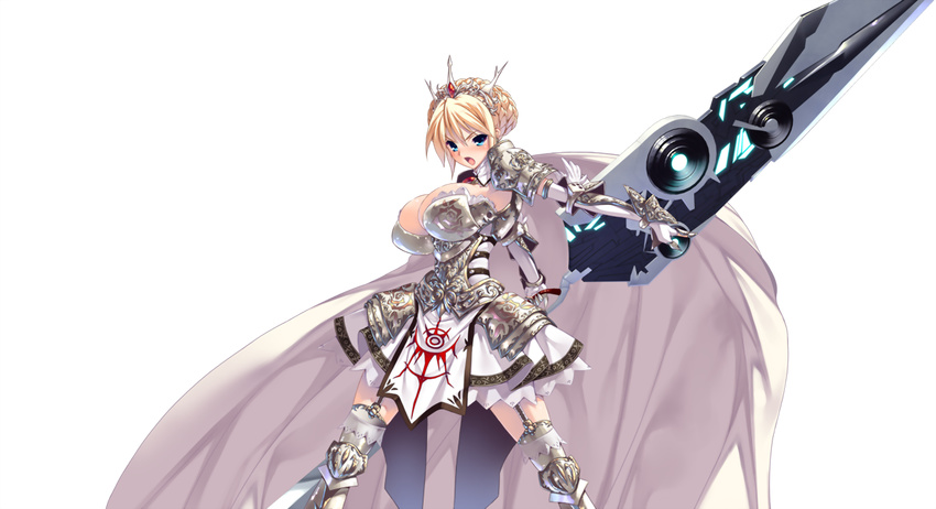 armor blonde_hair breasts cape cleavage crown elbow_gloves female gauntlets giselle_olympiada gloves holding holding_weapon imanaka_koutarou jewelry large_breasts looking_at_viewer miniskirt open_mouth pauldrons rune_lord shoulder_armor skirt solo sword thighhighs transparent_background weapon