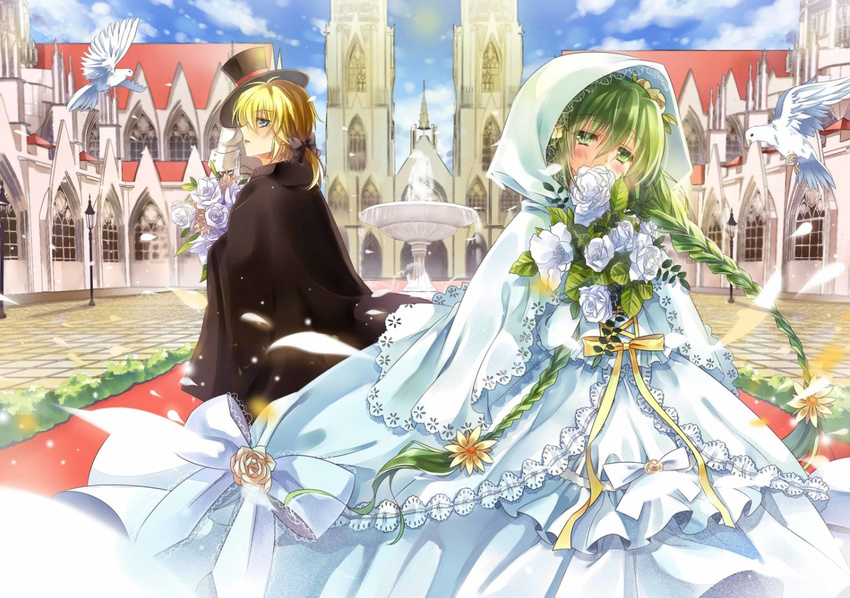 1boy bird blonde_hair braid commentary_request dress female flower fountain green_eyes green_hair hat hatsune_miku jiji_(381134808) kagamine_len long_hair top_hat twin_braids very_long_hair vocaloid