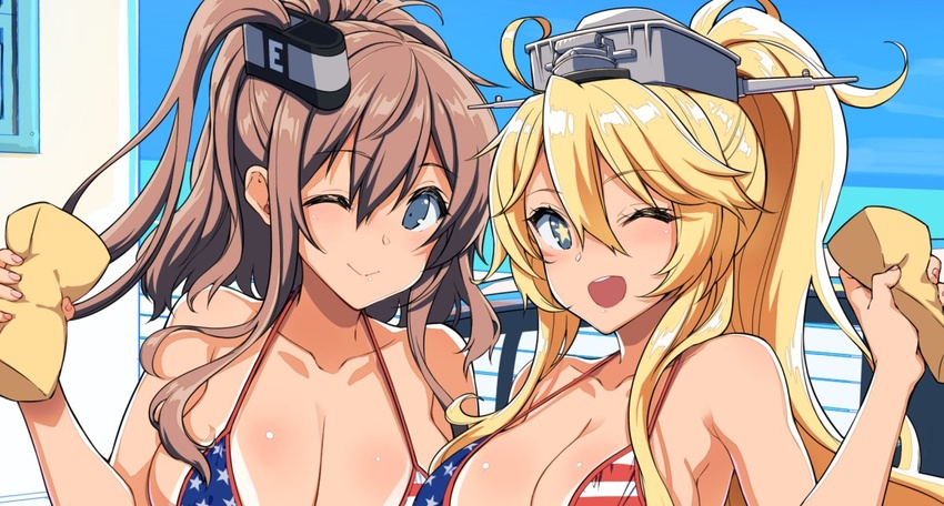 2girls american_flag american_flag_bikini american_flag_print battle_effectiveness_award bikini blonde_hair blue_eyes breasts brown_hair cleavage collarbone commentary_request flag_print hair_between_eyes hair_ornament headgear high_side_ponytail iowa_(kancolle) kantai_collection kekocha large_breasts light_blush long_hair looking_at_viewer multiple_girls one_eye_closed open_mouth ponytail print_bikini saratoga_(kancolle) side_ponytail sidelocks smile smokestack sponge star-shaped_pupils star_(symbol) swimsuit symbol-shaped_pupils tan tanlines united_states