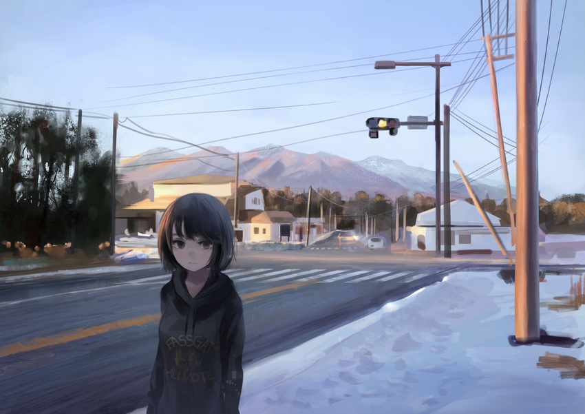 blue_sky brown_eyes brown_hair car closed_mouth clothes_writing commentary_request day expressionless female hood hood_down hoodie house intersection kakitani_jirou looking_at_viewer motor_vehicle mountain original outdoors partial_commentary road short_hair sky snow solo town traffic_light tree twilight upper_body utility_pole winter