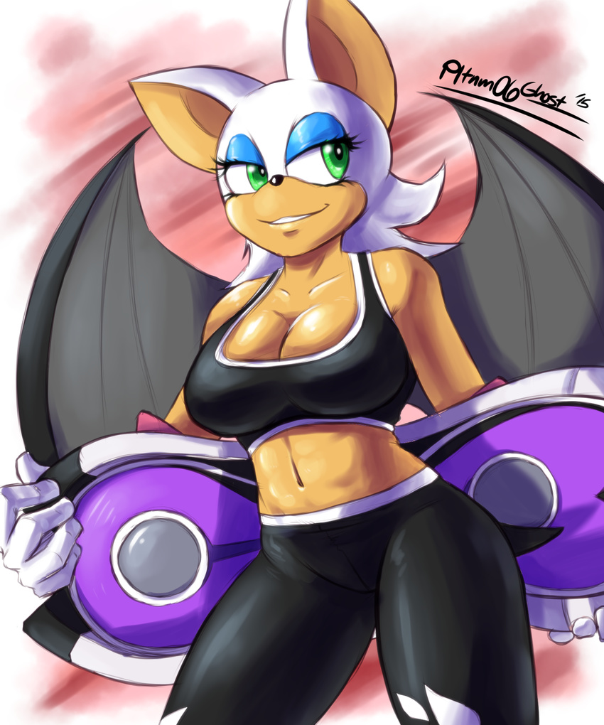 animal_ears bat_ears bat_girl bat_wings bike_shorts breasts cleavage commentary english_commentary eyeshadow female furry furry_female gloves green_eyes highres hoverboard makeup medium_breasts midriff navel pltnm_ghost rouge_the_bat solo sonic_(series) sonic_free_riders sonic_riders sports_bra temptation_(sonic_free_riders) white_gloves wings