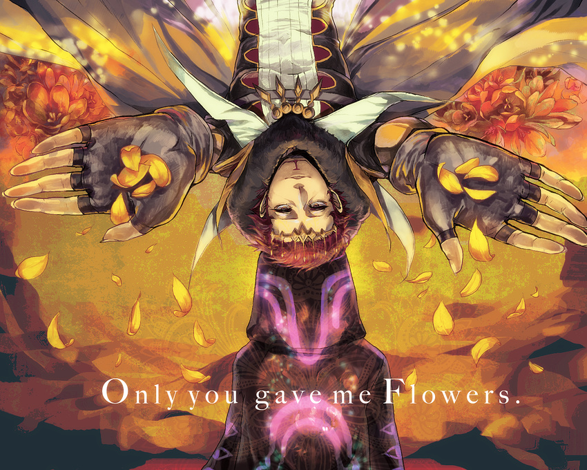 1boy cape commentary_request crocus_(flower) crown english_text facial_hair falling_petals female fingerless_gloves fire_emblem fire_emblem_awakening floral_background flower foreshortening from_behind fur_trim gangrel_(fire_emblem) gloves highres hood hooded_jacket jacket looking_at_viewer mirrow96 outstretched_arms petals reaching reaching_towards_viewer red_eyes red_hair robin_(fire_emblem) robin_(male)_(fire_emblem) smile stubble upside-down yellow_background