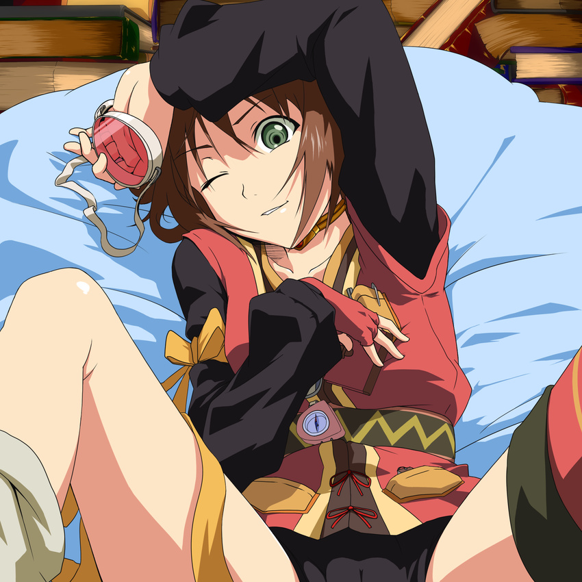 asymmetrical_clothes bow brown_hair commentary_request female goggles green_eyes highres kamekun one_eye_closed pocket_protector rita_mordio short_hair solo tales_of_(series) tales_of_vesperia unworn_goggles yellow_bow