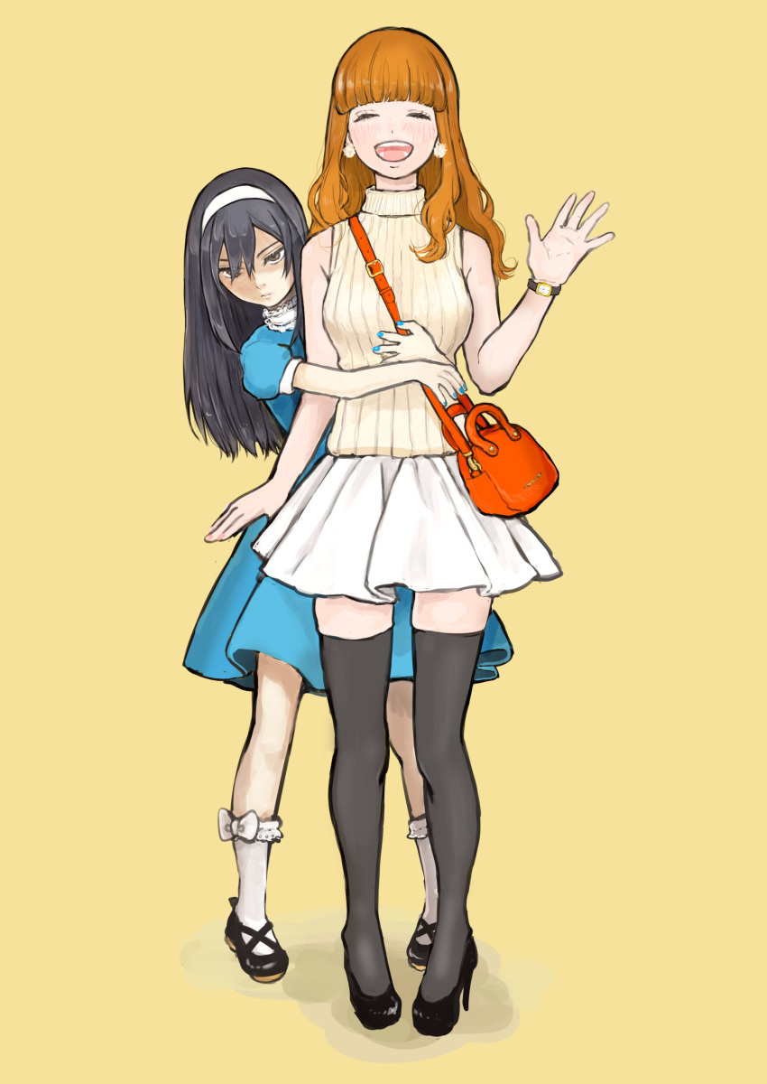 2girls absurdres bag banira_(oocooocooocoo) black_hair black_legwear blue_dress blunt_bangs brown_eyes brown_hair casual closed_eyes commentary_request dress earrings full_body girls_und_panzer hair_between_eyes hairband handbag high_heels highres hug hug_from_behind jewelry long_hair miniskirt multiple_girls nail_polish puffy_short_sleeves puffy_sleeves reizei_mako short_sleeves simple_background skirt sleeveless sleeveless_turtleneck sweater takebe_saori thighhighs turtleneck turtleneck_sweater watch waving white_hairband white_legwear white_skirt zettai_ryouiki