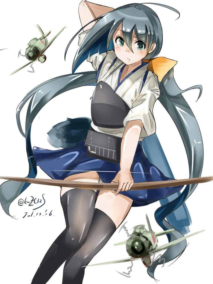 black_thighhighs blue_eyes bow_(weapon) commentary cosplay dated female grey_hair hair_between_eyes hair_ribbon highres japanese_clothes kaga_(kancolle) kaga_(kancolle)_(cosplay) kantai_collection kazu_(really_in_hot_water_now) kiyoshimo_(kancolle) long_hair muneate parted_lips ribbon simple_background solo thighhighs twintails twitter_username weapon white_background