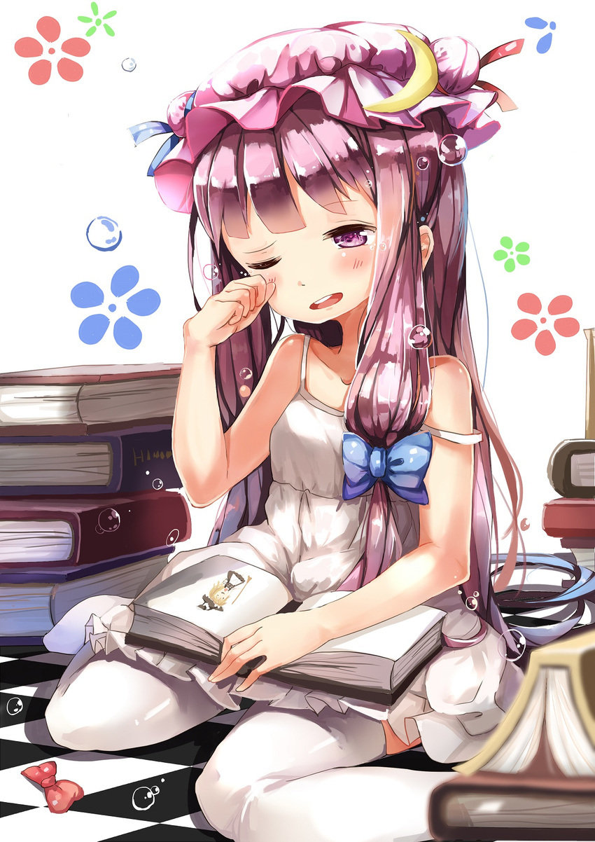 alternate_costume blush book book_stack bow bubble commentary_request crescent crescent_hat_ornament dress female hairbow hat hat_ornament highres kirisame_marisa long_hair mob_cap off_shoulder one_eye_closed open_book open_mouth patchouli_knowledge purple_eyes purple_hair simple_background sitting sleeveless solo tears teeth_(artist) thighhighs touhou white_thighhighs