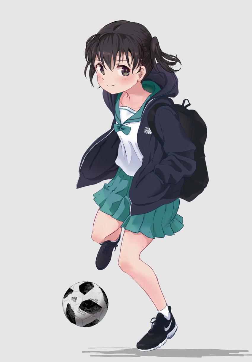 absurdres ankle_socks backpack bag ball black_footwear black_jacket blush brown_eyes brown_hair closed_mouth commentary female full_body green_sailor_collar green_skirt grey_background hands_in_pockets hasisisissy highres hood hood_down hooded_jacket jacket kuraue_hinata open_clothes open_jacket pleated_skirt sailor_collar school_uniform serafuku shadow shirt shoes short_twintails skirt smile soccer_ball socks solo standing standing_on_one_leg telstar_18 twintails white_shirt white_socks yama_no_susume