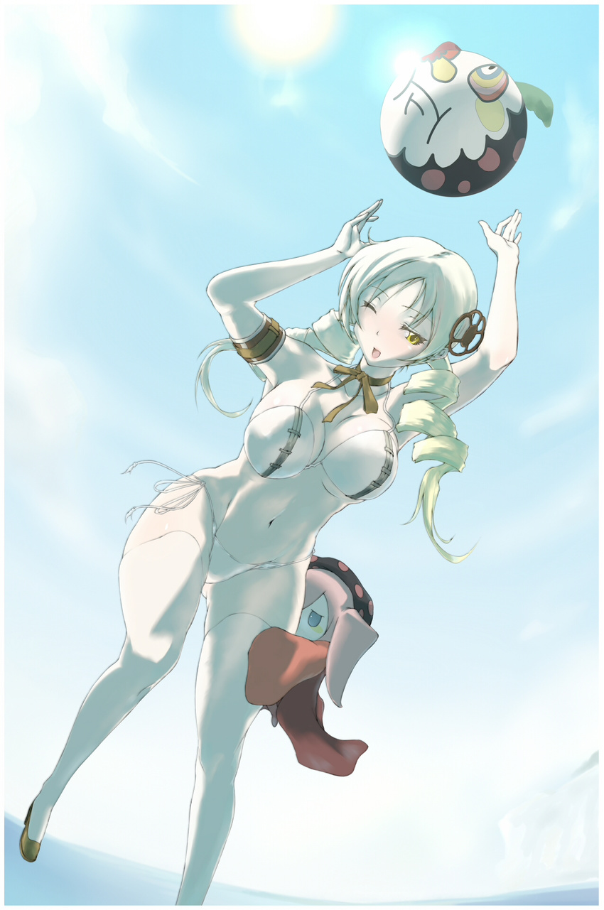 armband arms_up bad_id bad_nicoseiga_id ball beachball bikini blonde_hair breasts charlotte_(madoka_magica) day drill_hair female hair_ornament highres hiichisato large_breasts long_hair mahou_shoujo_madoka_magica mahou_shoujo_madoka_magica_(anime) navel neck_ribbon one_eye_closed ribbon side-tie_bikini_bottom sky sun swimsuit thighhighs tomoe_mami twin_drills twintails white_legwear witch_(madoka_magica) yellow_eyes